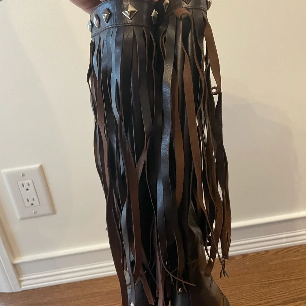 Donald J Pliner Western Couture Leather Studded Fringe Heeled Boots - Picture 10 of 15